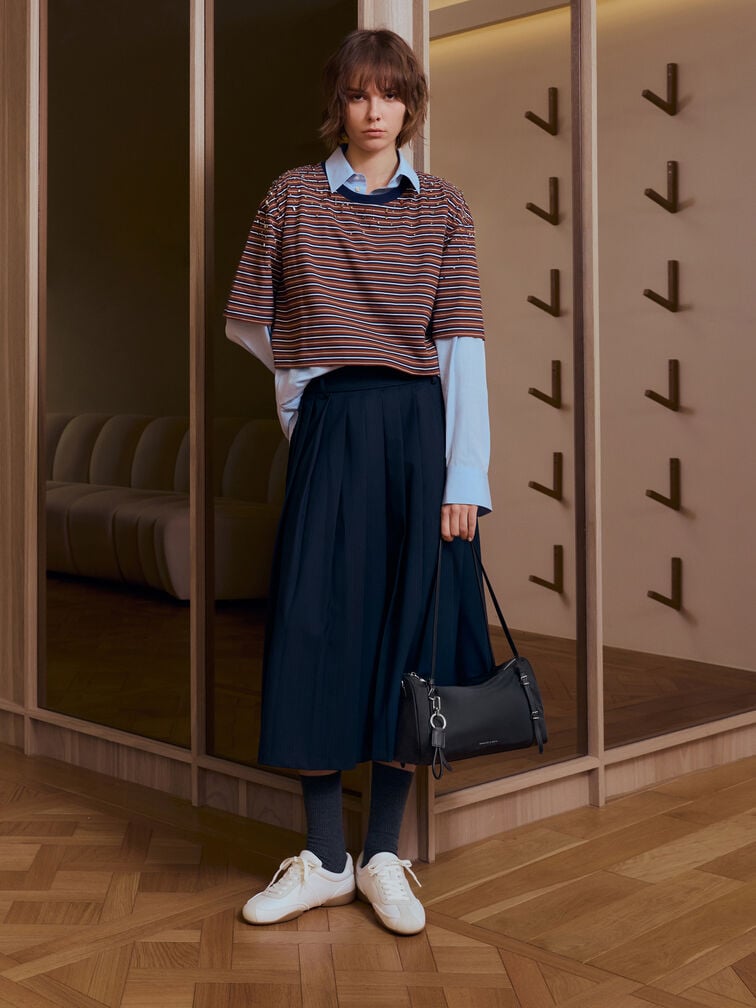 กระเป๋าสะพายไหล่ผ้าไนลอนรุ่น Levy, สีดำอะไหล่สีเงิน, hi-res