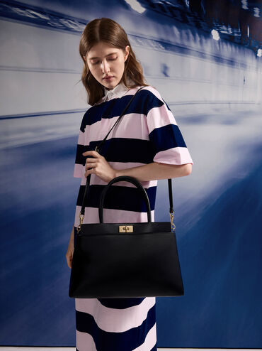 กระเป๋าสะพายข้างทรง Satchel ดีไซน์หูจับด้านบนรุ่น Lennie, สีดำ, hi-res