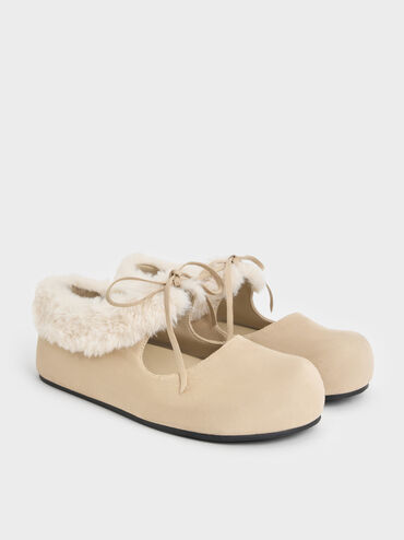Emila Faux Suede Fur-Trim Mary Jane Flats, Chalk, hi-res