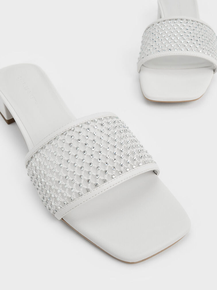 Satin Crystal-Embellished Heeled Mules, White, hi-res