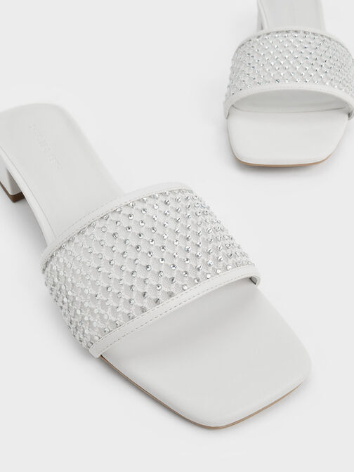 Satin Crystal-Embellished Heeled Mules, White, hi-res