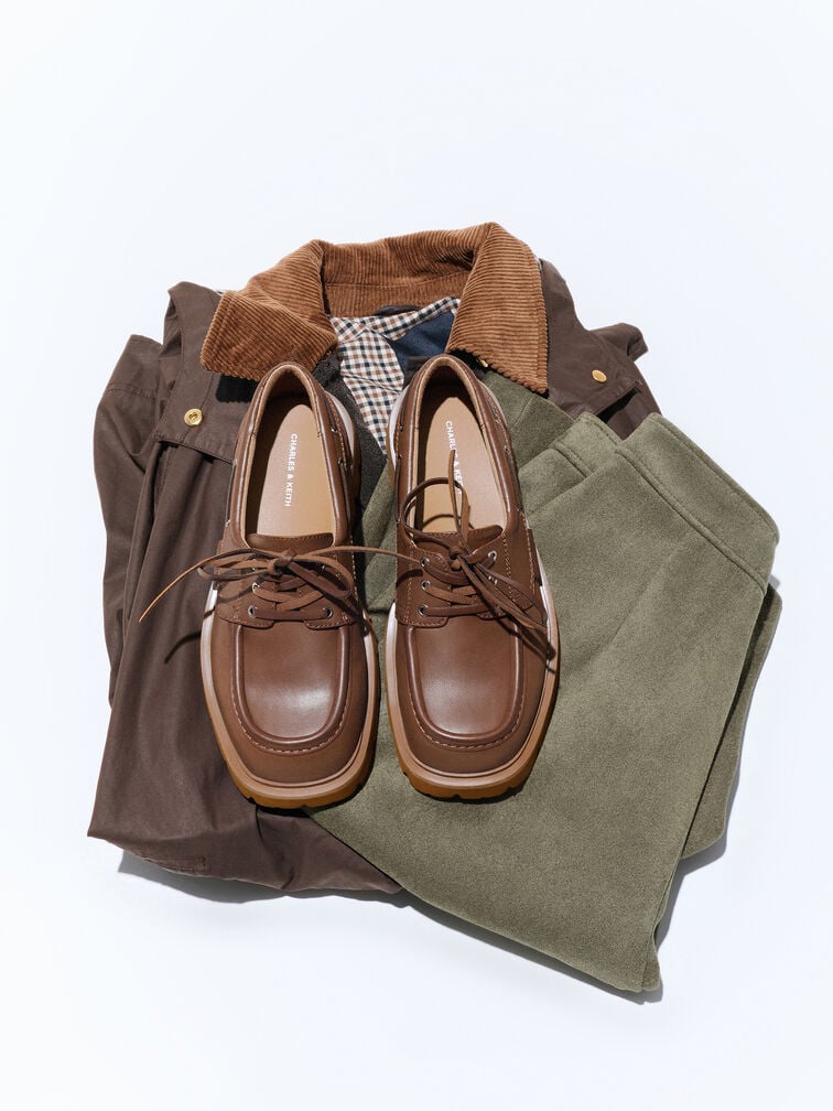 รองเท้าโบ๊ทชูส์พื้นหยักแบบผูกเชือก, สีคอนยัค, hi-res