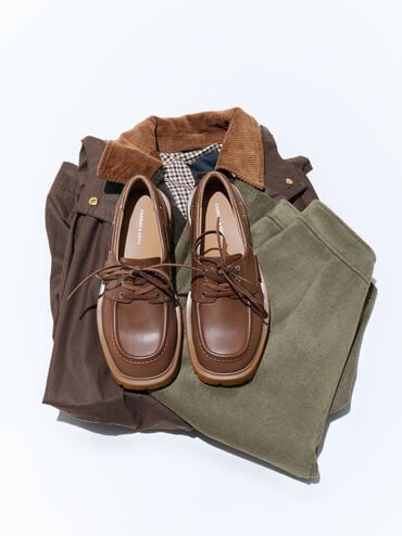 รองเท้าโบ๊ทชูส์พื้นหยักแบบผูกเชือก, สีคอนยัค, hi-res