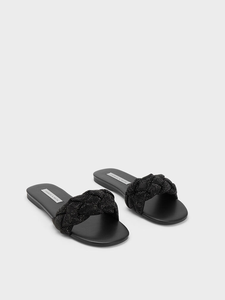 Gem-Embellished Braided Strap Slides, , hi-res