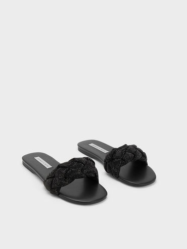 Gem-Embellished Braided Strap Slides, สีดำ, hi-res