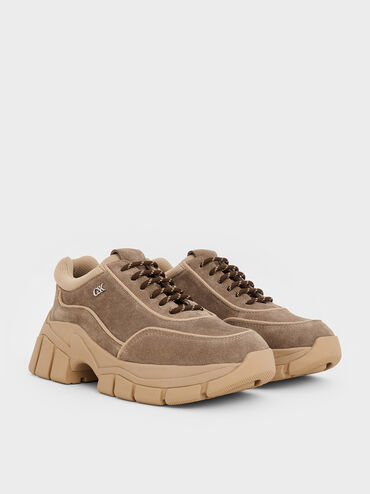 Yunna Suede & Recycled Fabric Chunky Sneakers, Taupe, hi-res