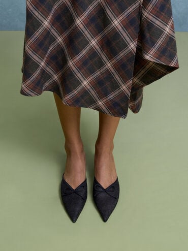 Glittered Mesh Bow Kitten Heels, Black Textured, hi-res