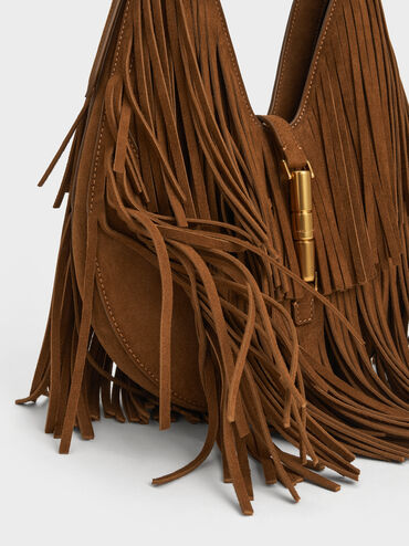 Cesia Recycled Suede Fringed Hobo Bag, Sienna Brown, hi-res