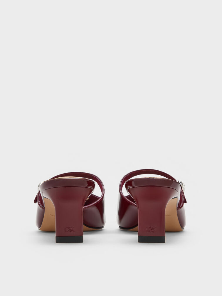 Patent Leather Gem-Buckle Pointed-Toe Heeled Mules, Burgundy, hi-res