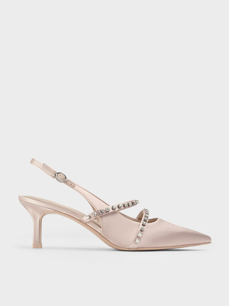 Satin Crystal-Embellished Slingback Mary Jane Pumps, Pink, hi-res