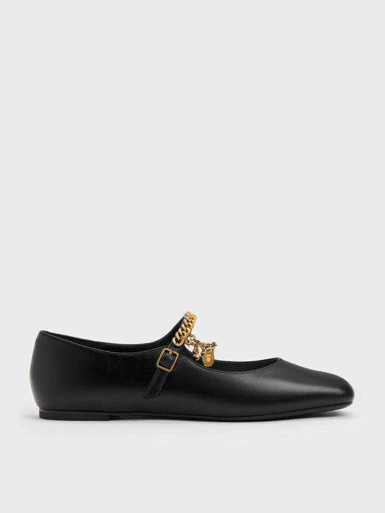 Double-Chain Charm Mary Jane Flats, Black, hi-res