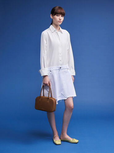 กระเป๋าทรงโบว์ลิ่งแบบมีเท็กซ์เจอร์รุ่น Sianna, สีน้ำตาล, hi-res