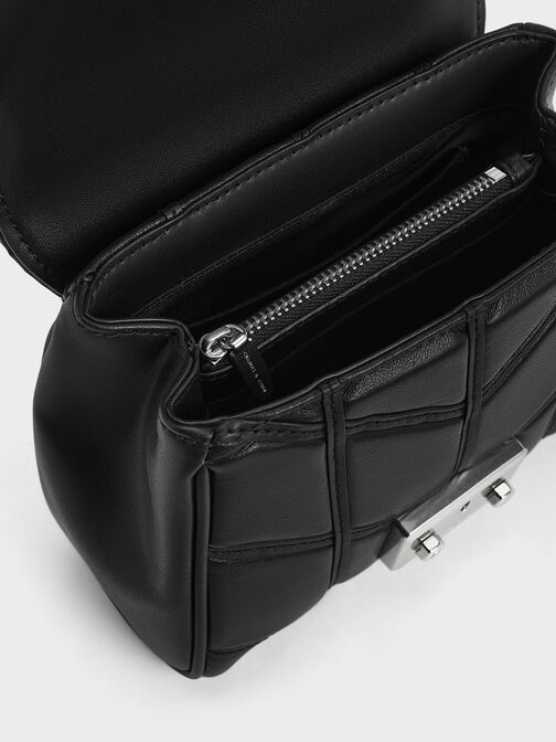 กระเป๋าถือพร้อมหูจับด้านบนดีไซน์ลายเชฟรอนรุ่น Eudora, สีดำอะไหล่สีเงิน, hi-res
