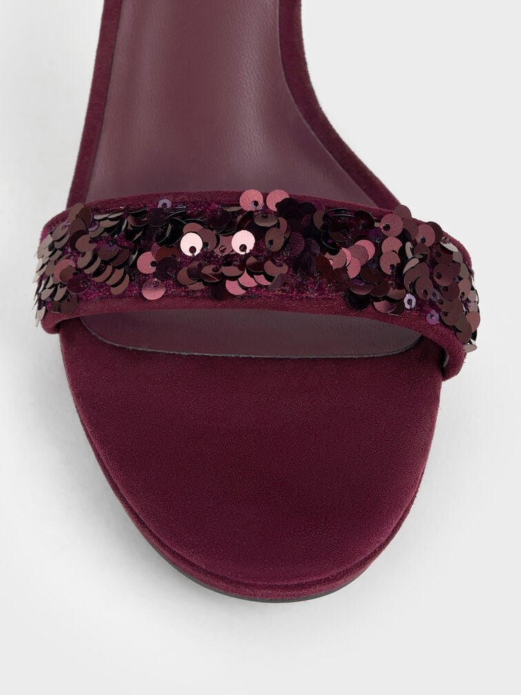 Sequinned Ankle-Strap Stiletto Sandals, Burgundy, hi-res