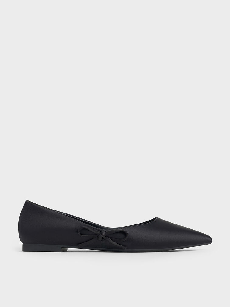 Satin Bow Pointed-Toe Flats, Black Textured, hi-res