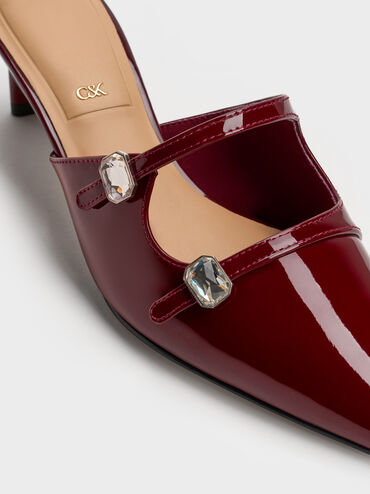 Patent Leather Gem-Buckle Pointed-Toe Heeled Mules, Burgundy, hi-res