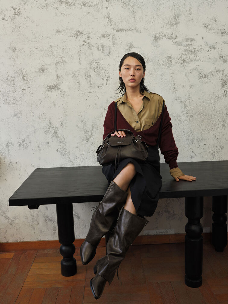 Noane Side-Pocket Bucket Bag, Dark Brown, hi-res
