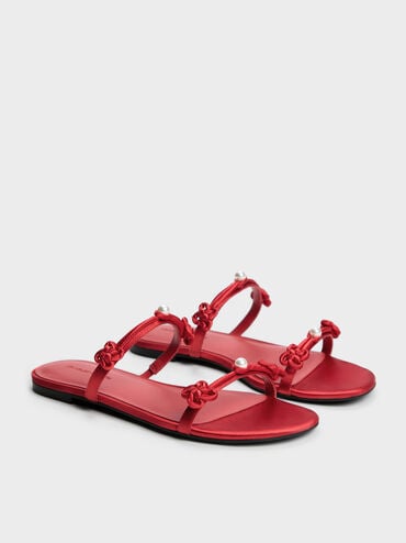 Orinda Knot-Pearl Slide Sandals, Red, hi-res