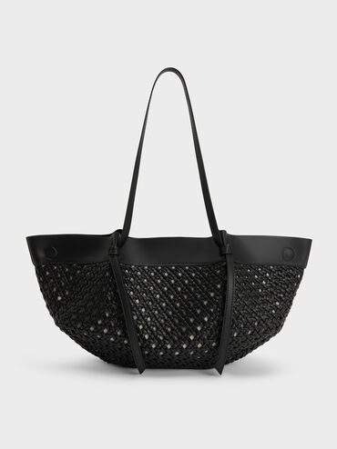 กระเป๋าโท้ทดีเทลงานสานรุ่น Calla, สีดำ, hi-res