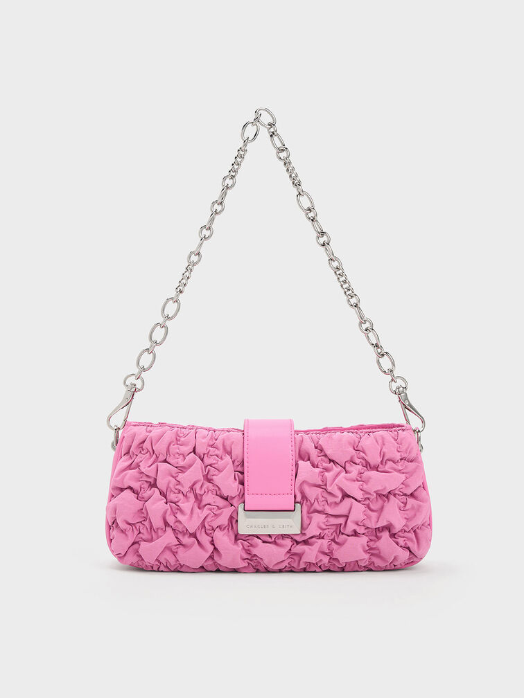 Ruched Nylon Chain Handle Bag, สีชมพู, hi-res