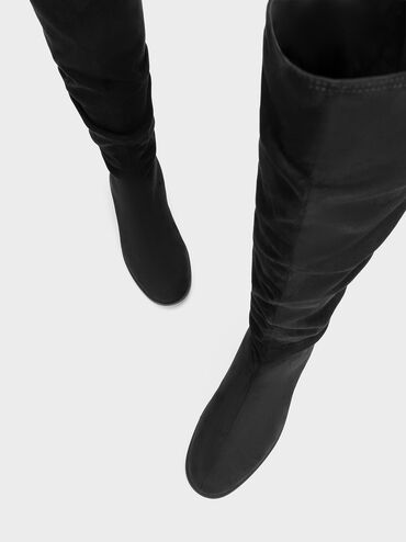 Textured Ruched Knee-High Boots, Black Textured, hi-res