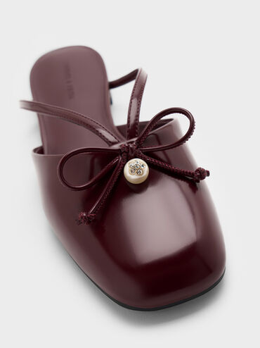Pearl-Accent Bow Flat Mules, Burgundy, hi-res