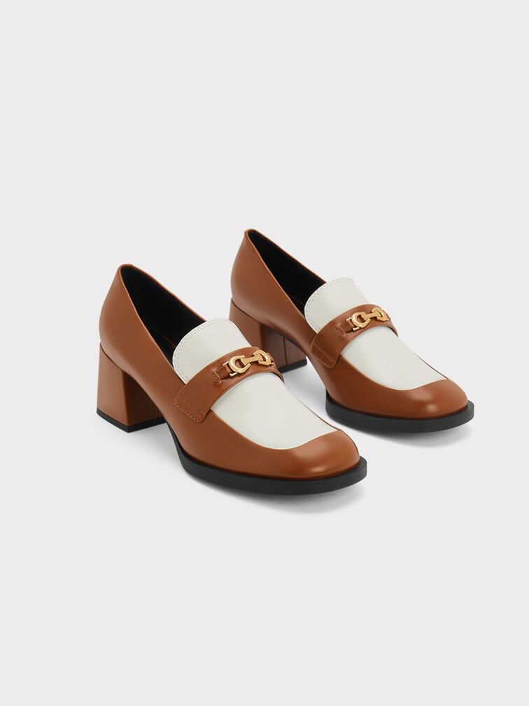 Two-Tone Metallic Accent Block Heel Loafer Pumps, สีน้ำตาล, hi-res