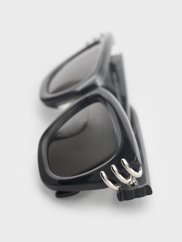 แว่นตากันแดดทรงตาแมวดีไซน์มุมเหลี่ยมตกแต่งด้วยอะไหล่เมทัลลิควัสดุอะซิเตทรีไซเคิล, สีดำอะไหล่สีเงิน, hi-res