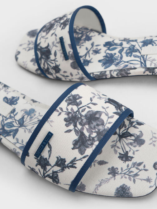 รองเท้าแตะแบบสวมพิมพ์ลายดอกไม้, สีฟ้า, hi-res