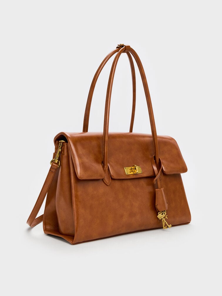 กระเป๋าโท้ททรงสี่เหลี่ยมคางหมูรุ่น Kerry, สีดิสเทรสด์แทน, hi-res