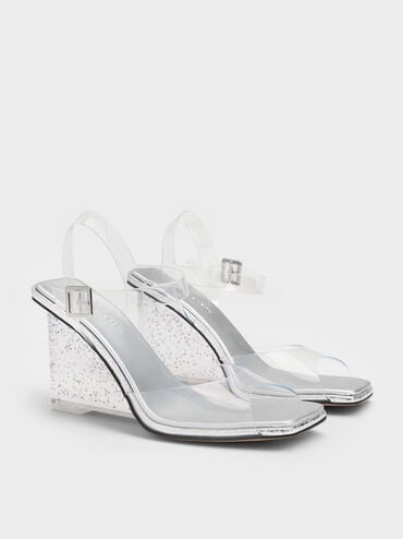 See-Through Speckled-Heel Ankle-Strap Wedges, White, hi-res