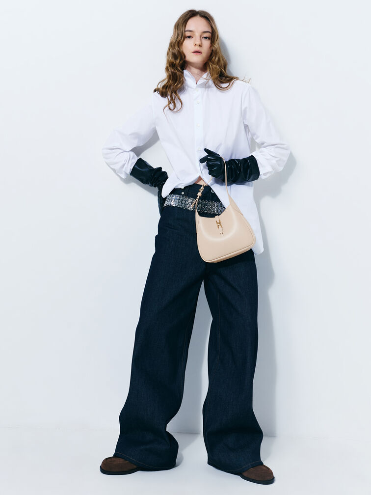 Mini Adalyn Metallic-Buckle Belted Hobo Bag, Dusted Oat, hi-res