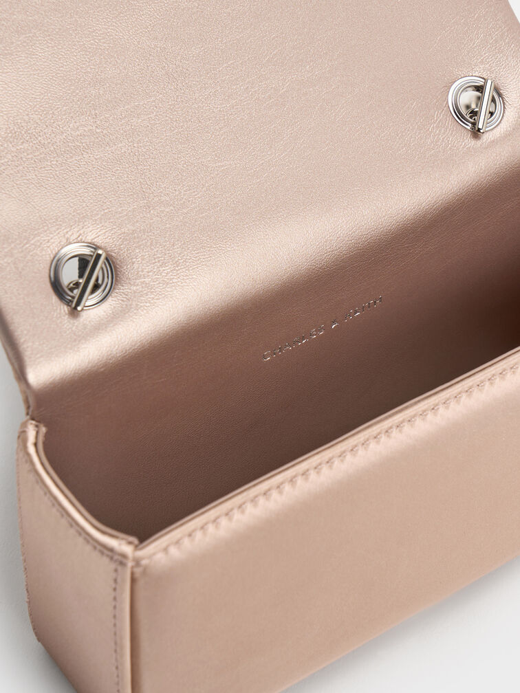 Satin Crystal-Buckle Belted Chain-Handle Bag, Sunset Nude, hi-res