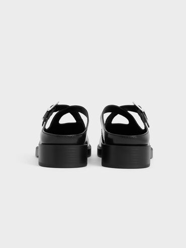 รองเท้าส้นเตี้ย Silp-On ดีไซน์สายคาดแบบไขว้ตกแต่งหัวเข็มขัด, หนังเงาสีดำ, hi-res