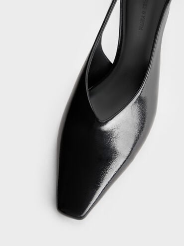 Patent Tapered Square-Toe Slingback Kitten Heels, Black Patent, hi-res