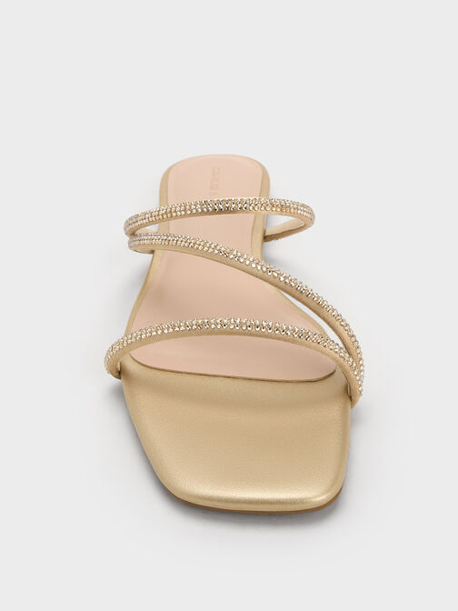 Satin Crystal-Embellished Strappy Sandals, Gold, hi-res