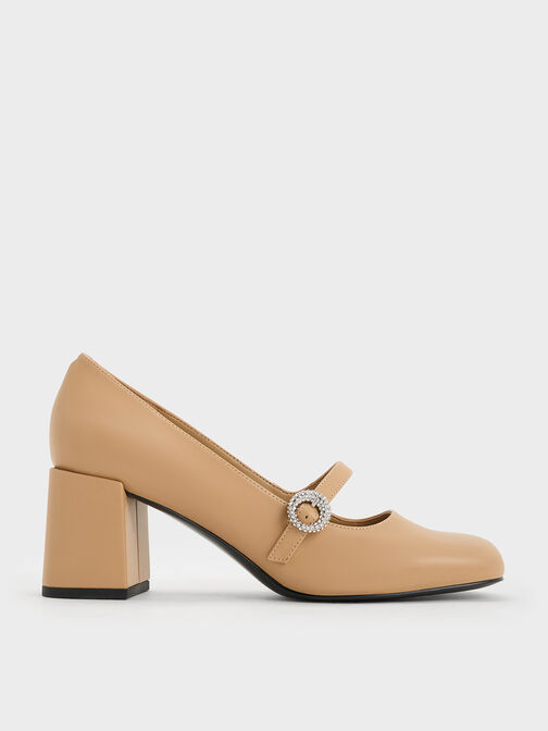 Crystal-Embellished Mary Jane Pumps, Camel, hi-res