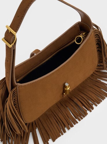 Cesia Recycled Suede Metallic-Accent Fringed Shoulder Bag, Sienna Brown, hi-res
