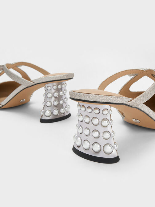 Beaded Heel Glittered Bow Mules, , hi-res