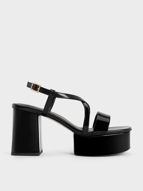 Patent Crossover Strap Platform Sandals, หนังแก้วสีดำ, hi-res