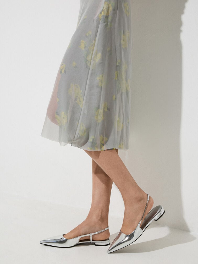 Metallic Chain-Strap Pointed-Toe Slingback Flats, Silver, hi-res