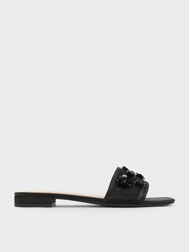 Mesh & Satin Sequin-Flower Slide Sandals, Black Textured, hi-res