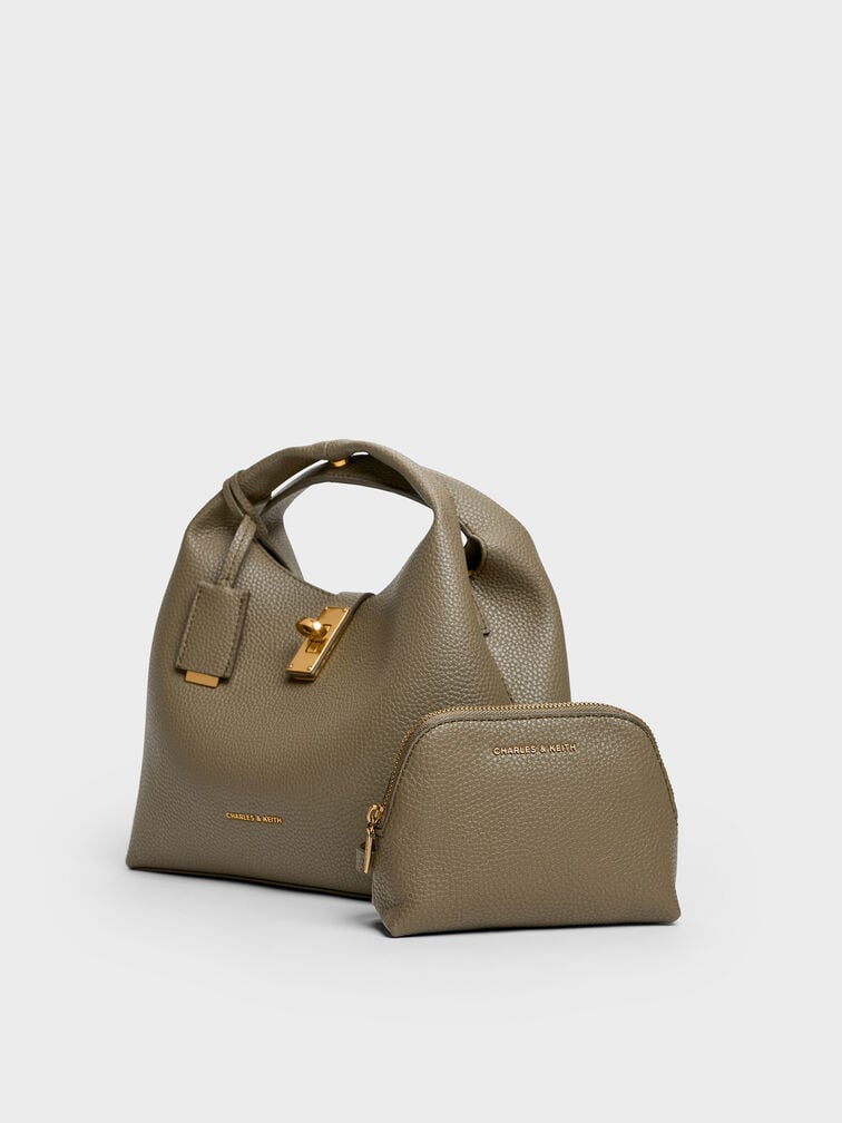 กระเป๋าทรงถังวัสดุหนังรีไซเคิลตกแต่งตัวล็อคแบบหมุนรุ่น Chance, สีดีพโอลีฟ, hi-res