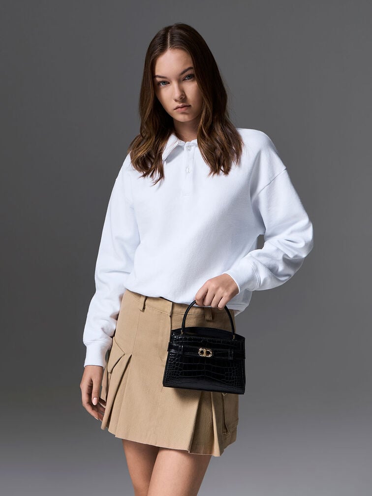 กระเป๋าถือเอฟเฟกต์ลายจระเข้รุ่น Aubrielle, สีดำ, hi-res