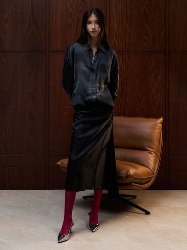 Kaia Metallic Pointed-Toe Slingback Pumps, Pewter, hi-res