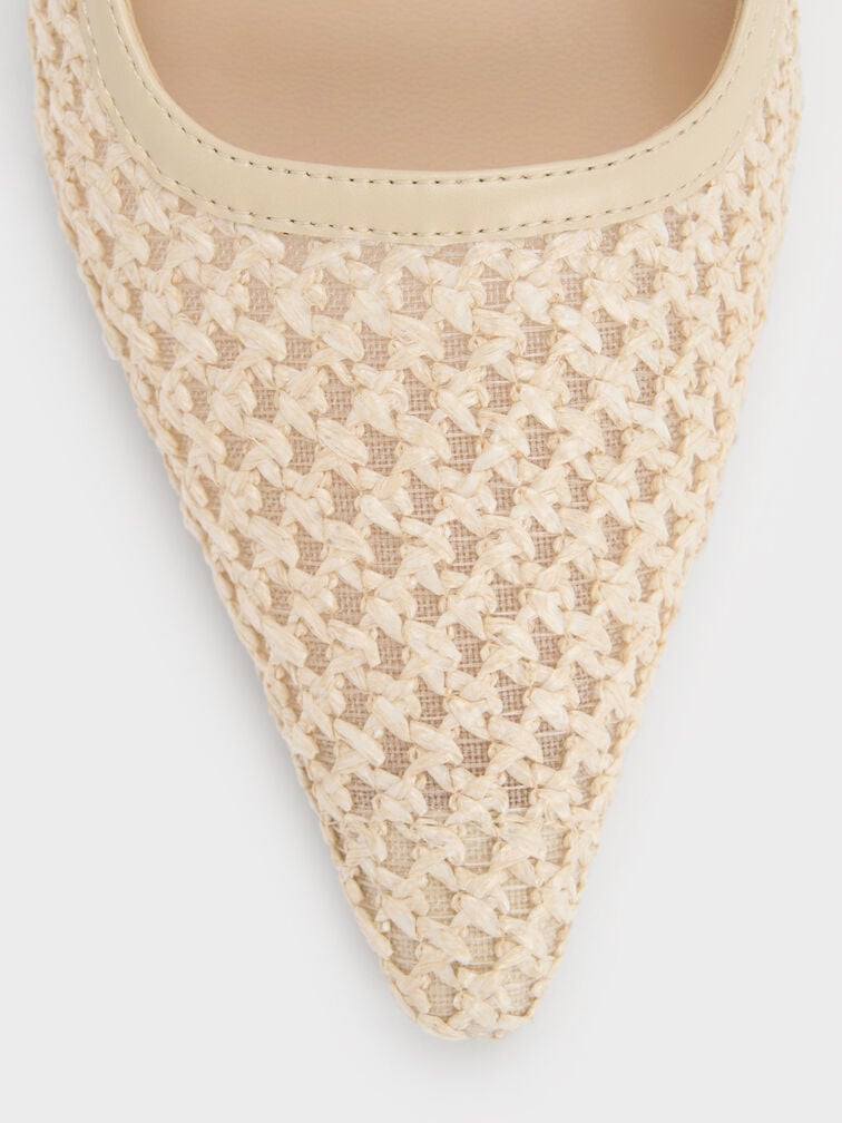 Raffia Sculptural-Heel Pointed Mules, Beige, hi-res