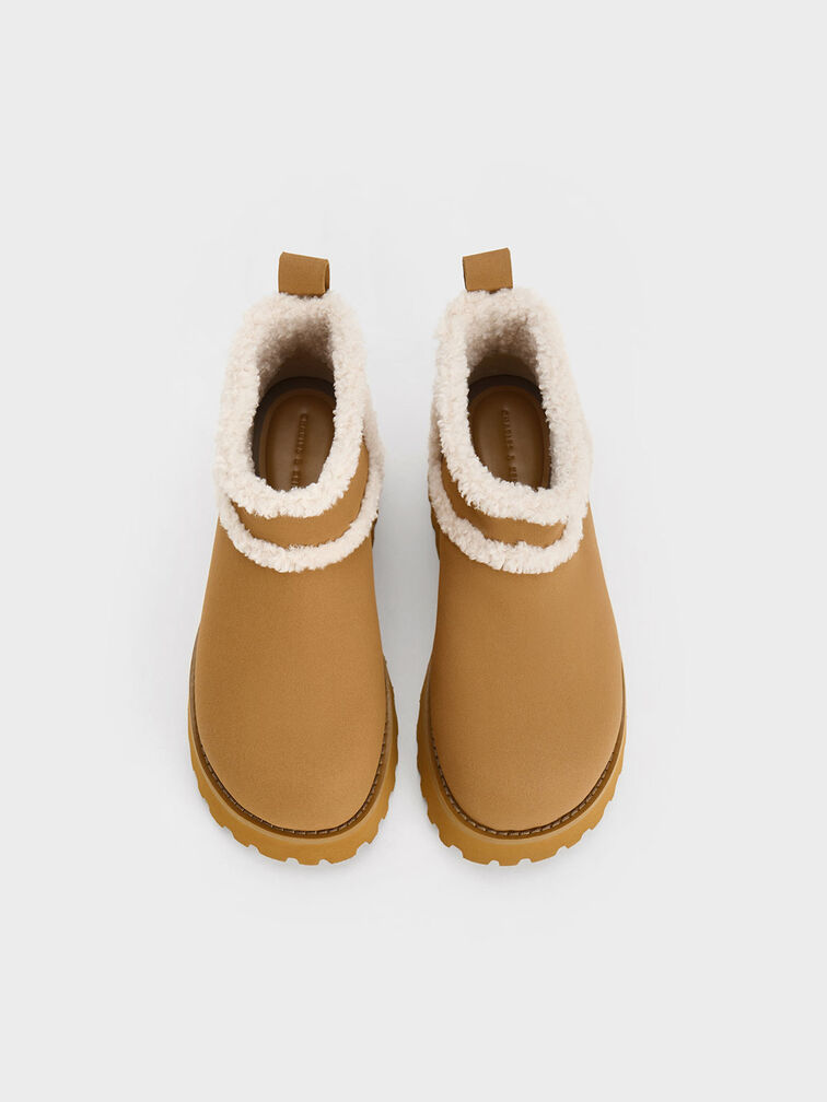 Textured Fur-Trim Flatform Ankle Boots, สีกากี, hi-res