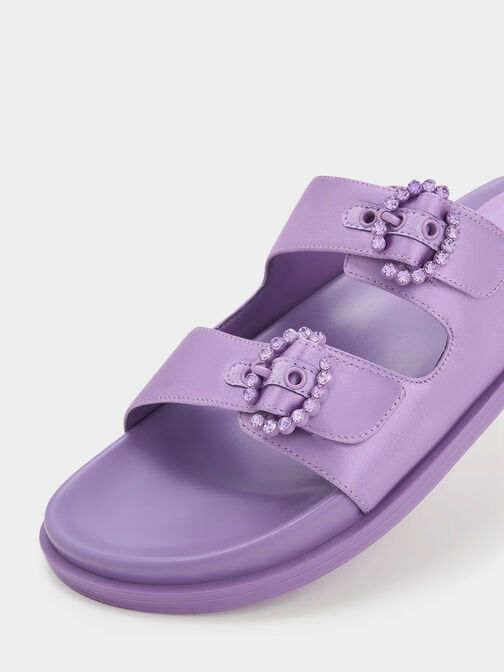 Reycled Polyester Embellished Buckle Sandals, Purple, hi-res