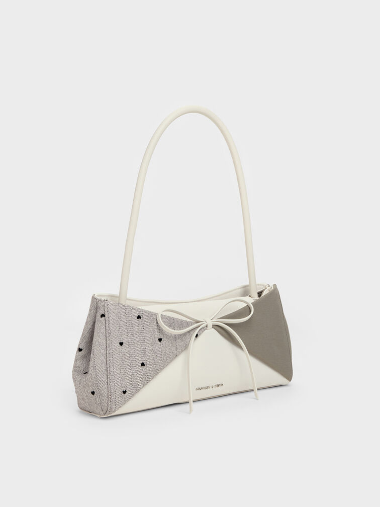 Hazel Heart-Print Bow Panelled Shoulder Bag, Taupe, hi-res