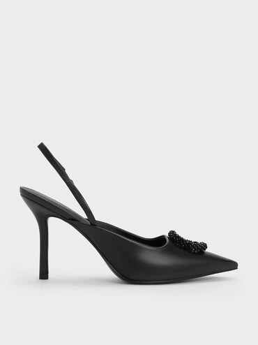 Beaded Circle Slingback Pumps, สีดำ, hi-res